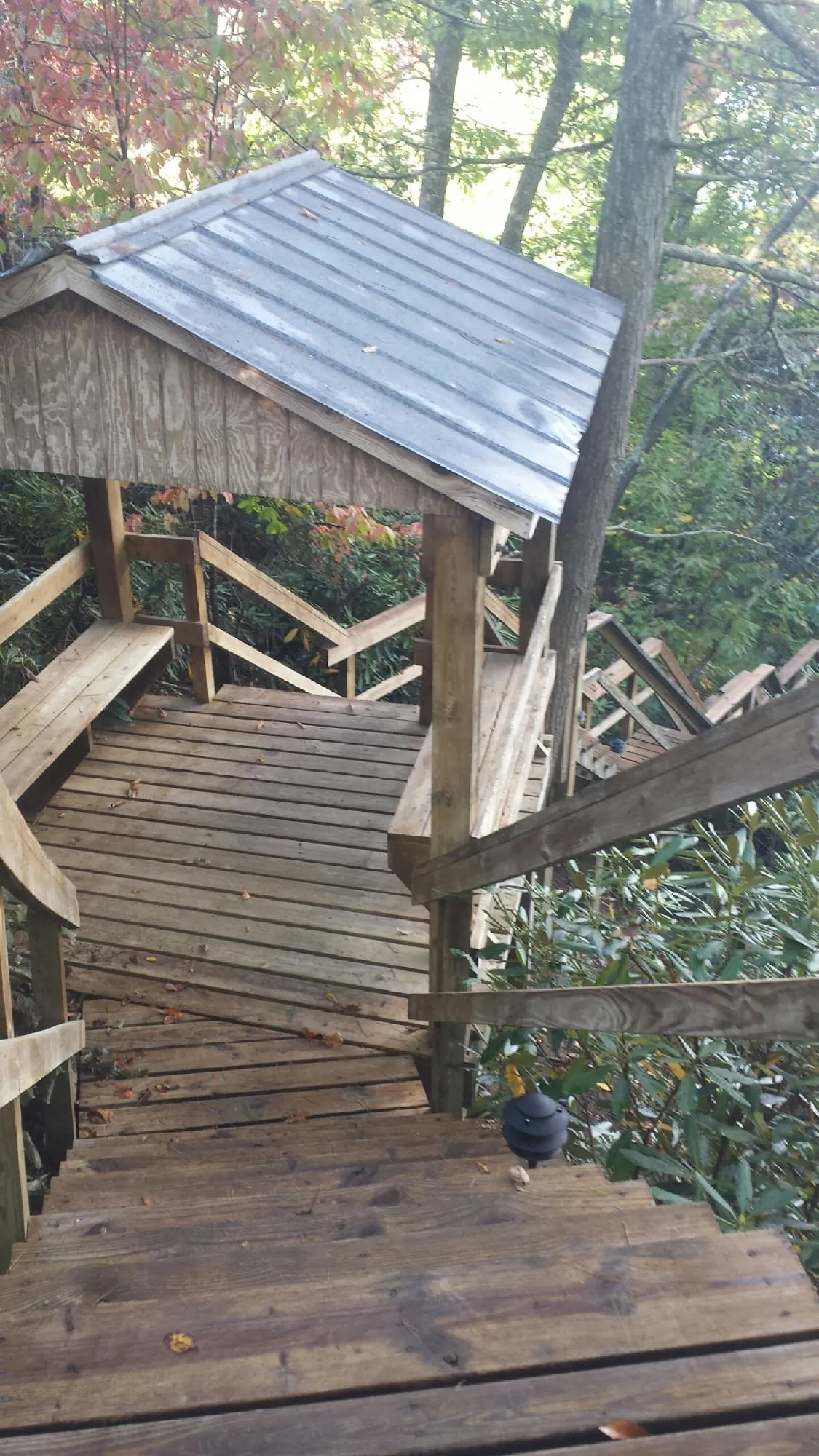 Metal roofed shelter over wooden steps on a wooded walkway — Skylight Repair & Installation work by our crew in Jonestown